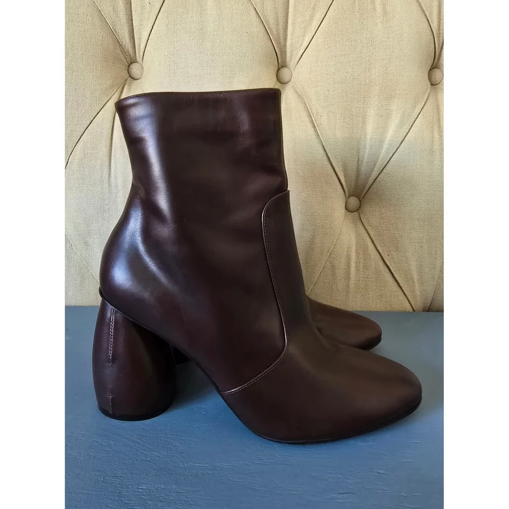 CARVEN Brown Leather Ankle Boots Geometric Sculpted Heel Size EU 39 - Picture 3 of 7